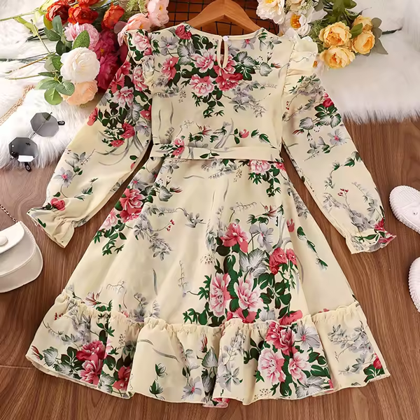 Graceful Floral Full-Sleeve Fit & Flare Gown for Girls - Princess Party Flower Dress 1761