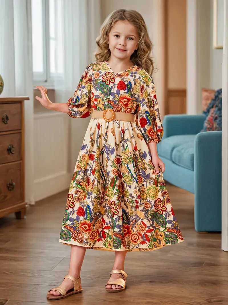Elegant Floral Full-Sleeve Fit & Flare Gown for Girls - Princess Flower Party Dress 1768